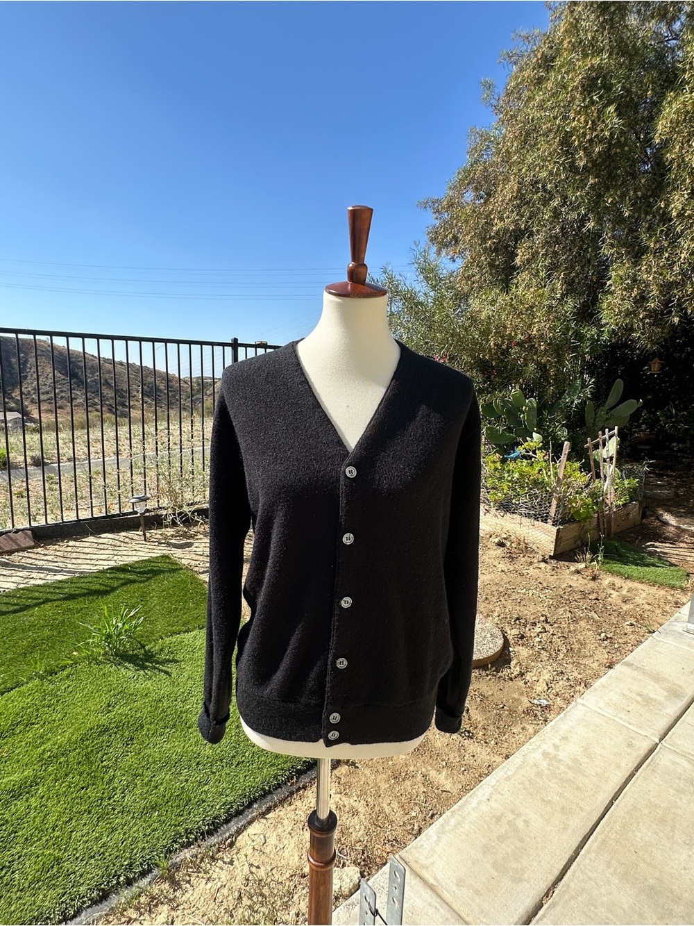 Vintage Men's Black V-Neck Button-Front Cardigan Sweater